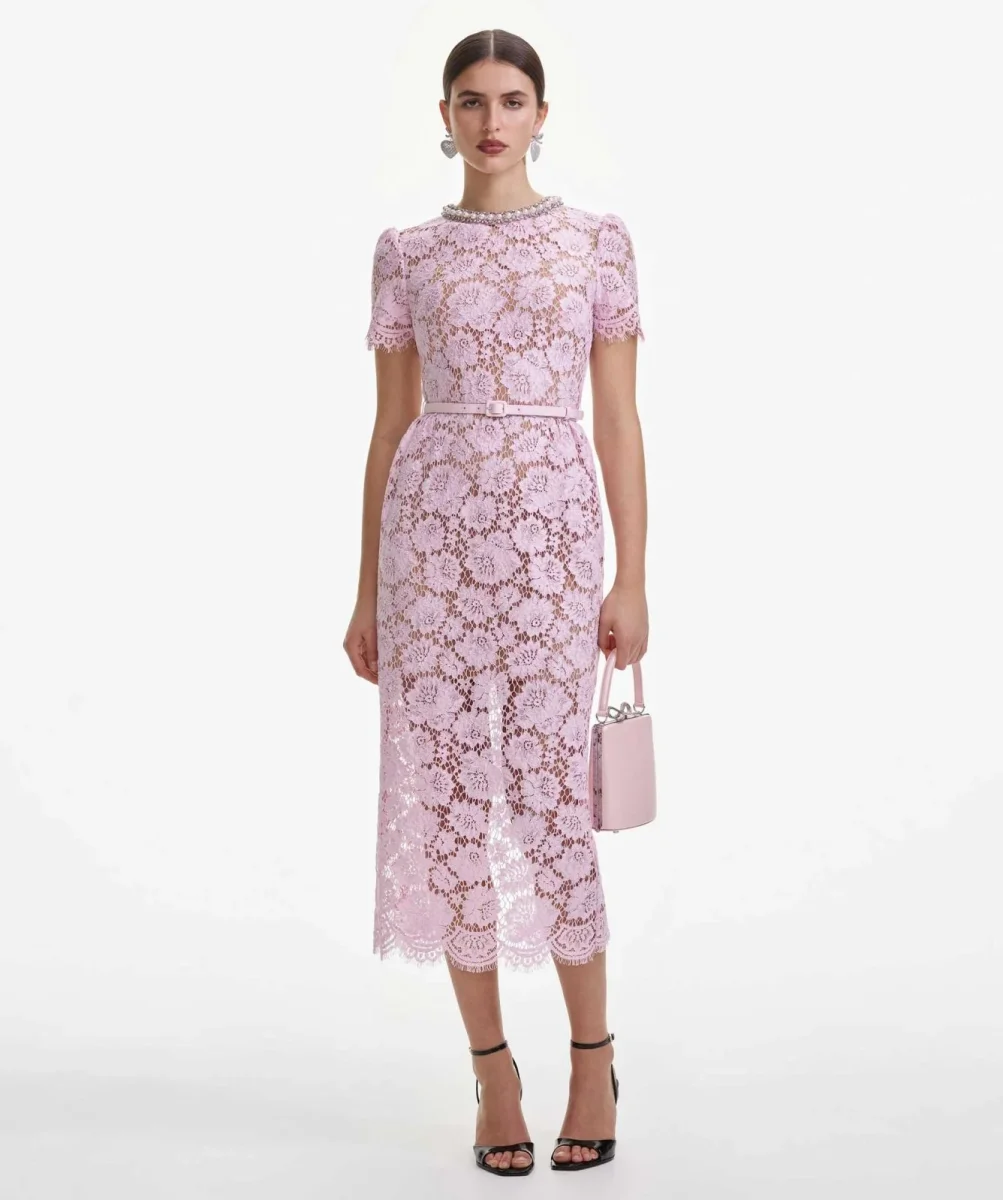 Self-Portrait Pink Floral Lace Pearl Embellished Neck Belted Midi Dress
