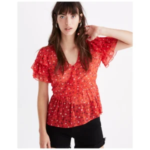 MADEWELL Red Floral Tiered Sleeve Peplum Top