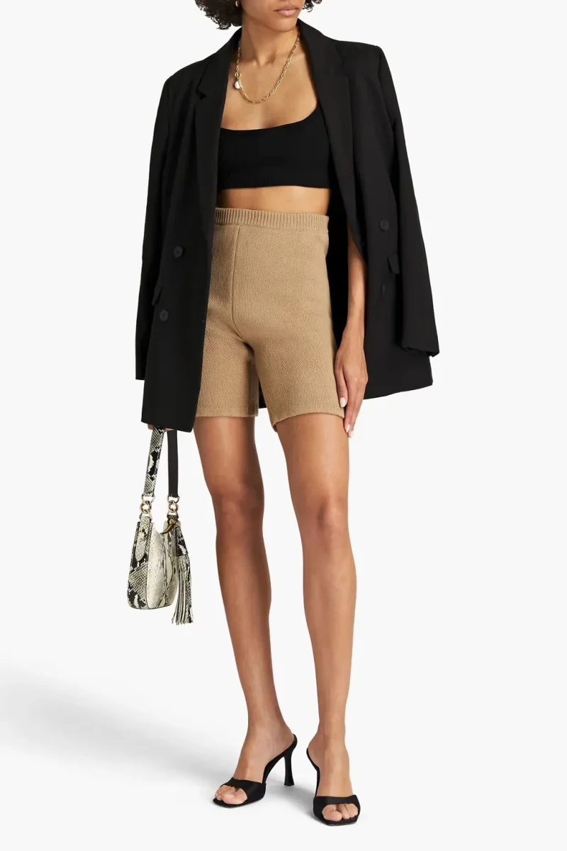 Magda Butrym Beige Knit Fitted High Rise Wool Rib Trim Cycle Shorts