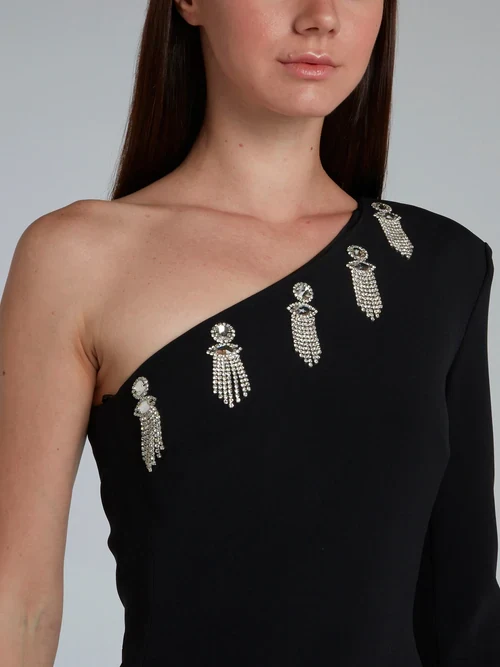 DAVID KOMA Black Dangly Crystal Embellished One Shoulder Dress - Imagen 3