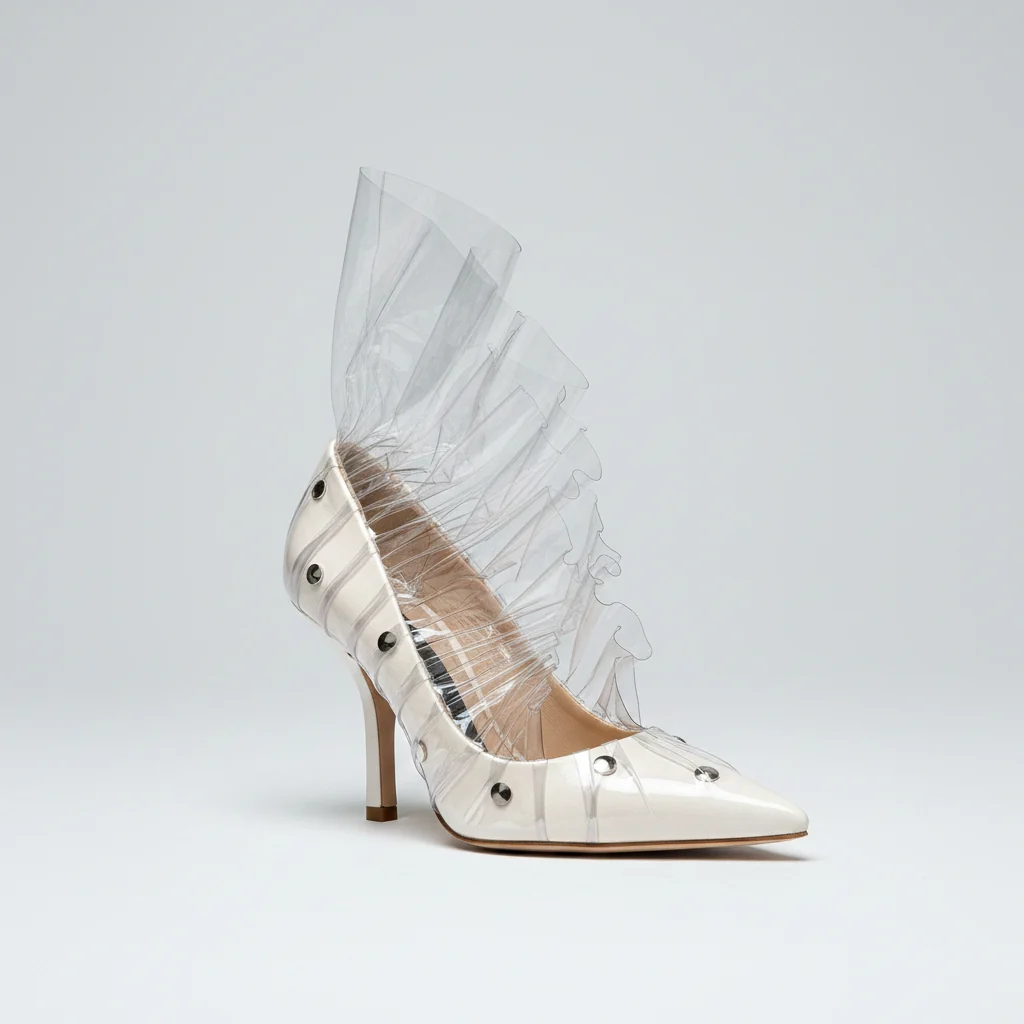 MIDNIGHT 00 Shell Crescent White Leather PVC Ruffle Pumps - Imagen 3