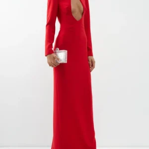 MONOT Red Keyhole Cut Out Front Long Sleeve Evening Gown
