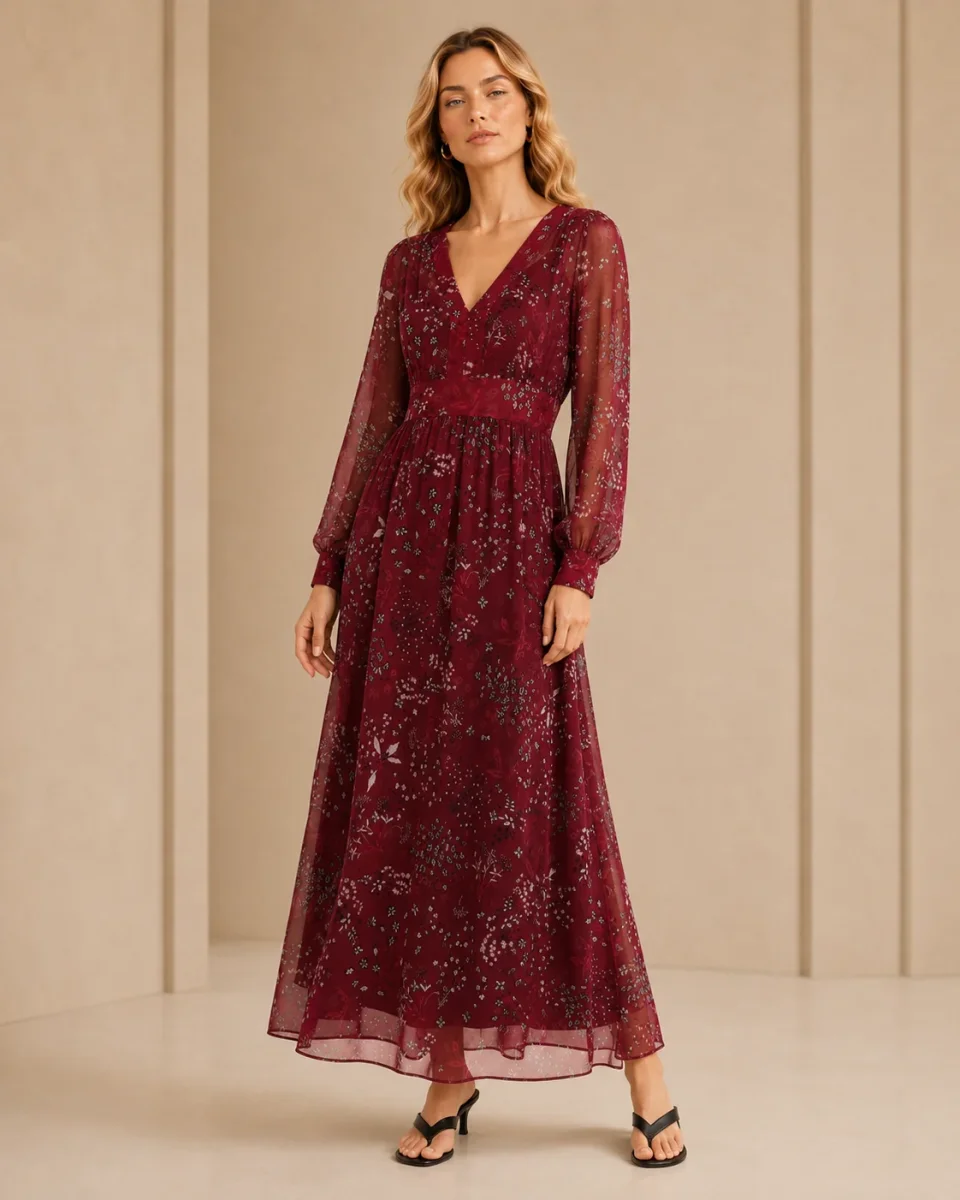 Max Mara Studio Shock Floral Silk Long Georgette Sleeve Maxi Dress - Imagen 2
