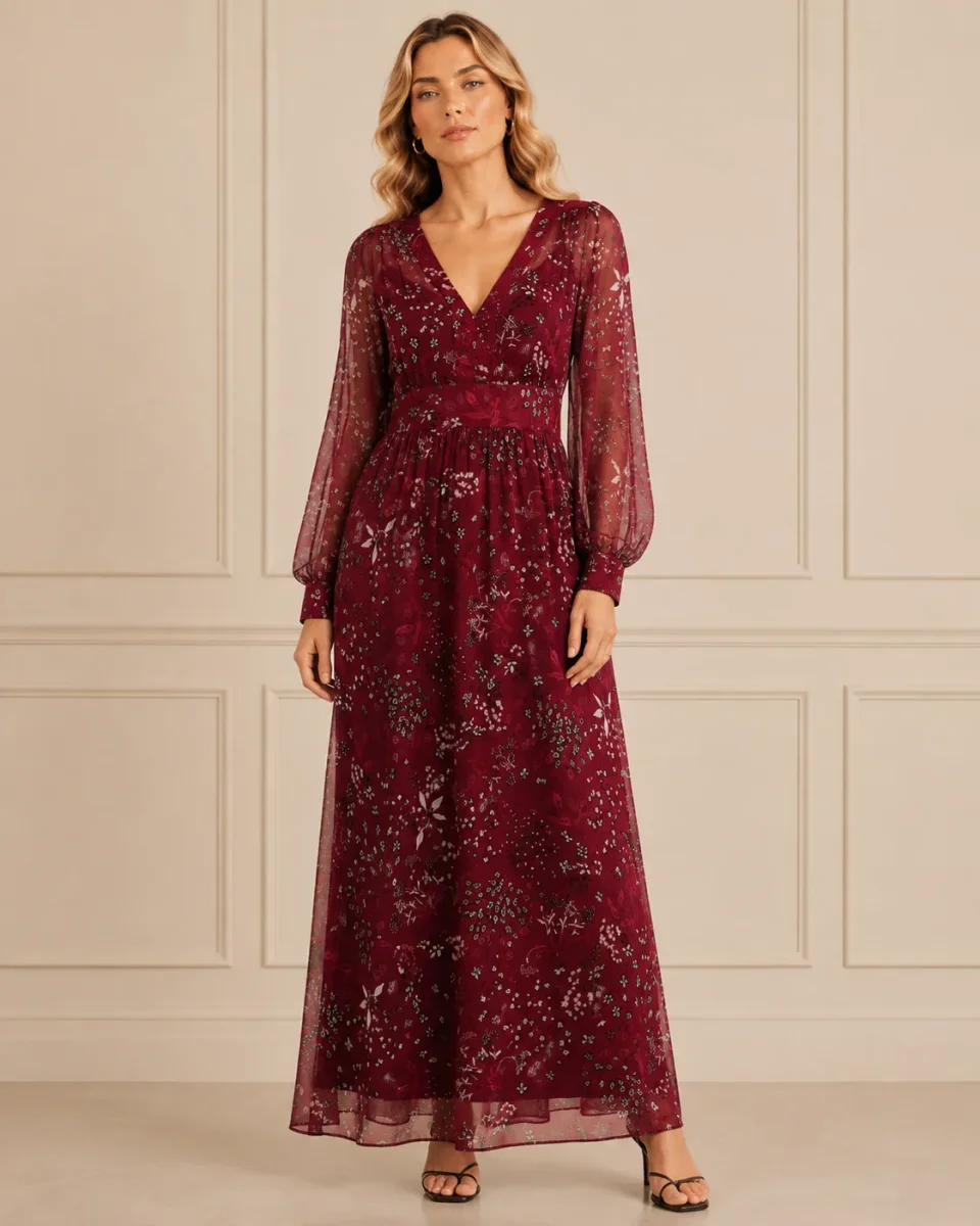 Max Mara Studio Shock Floral Silk Long Georgette Sleeve Maxi Dress - Imagen 4