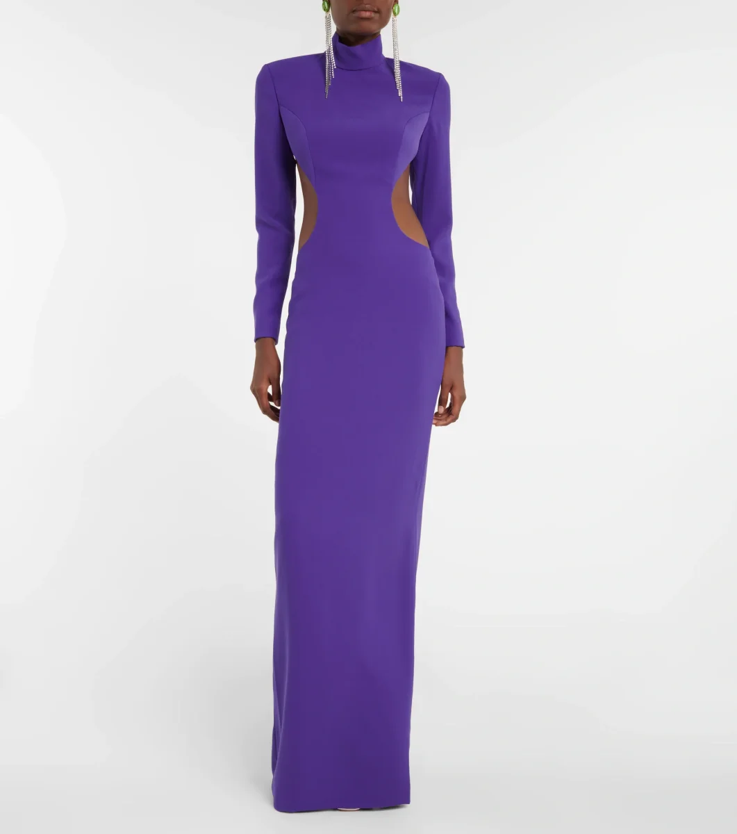MONOT Cut Out Sides Backless High Neck Slit Leg Purple Crêpe Gown - Imagen 7