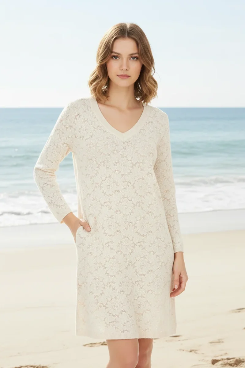 Pain De Sucre Foam White French Lace Long Sleeve Coverup Beach Dress in Whitney