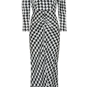 Rixo London Ziggy Houndstooth White Black Print V-Neck Satin Slit Leg Midi Dress