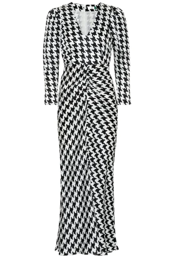 Rixo London Ziggy Houndstooth White Black Print V-Neck Satin Slit Leg Midi Dress - Imagen 2
