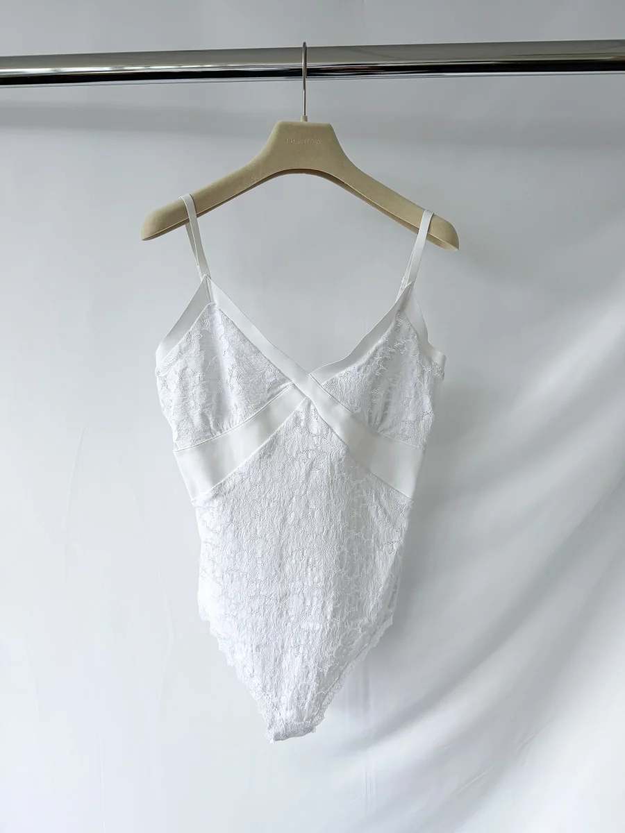 Pain De Sucre White Lace Camisole Thong Bodysuit Top in Alona