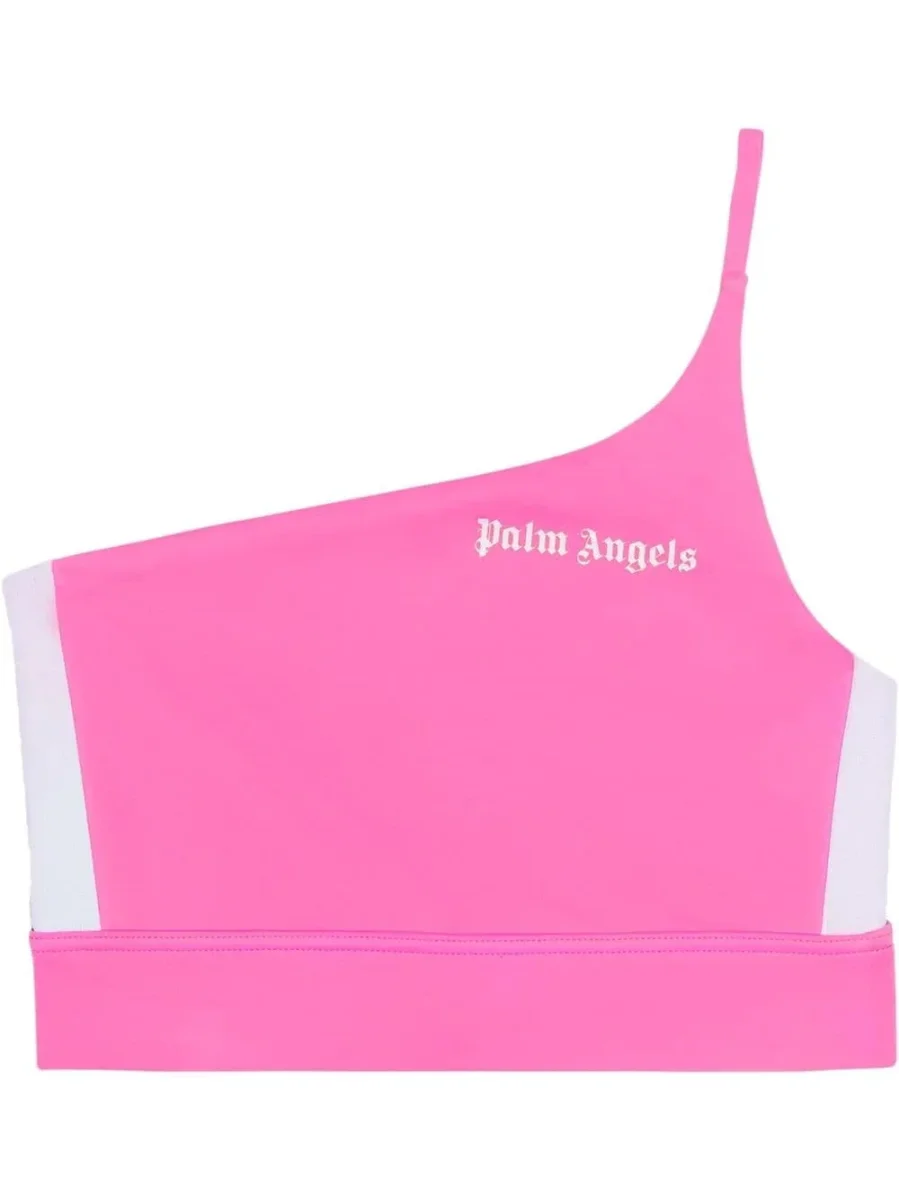 PALM ANGELS Pink White One Shoulder Crop Top - Imagen 2