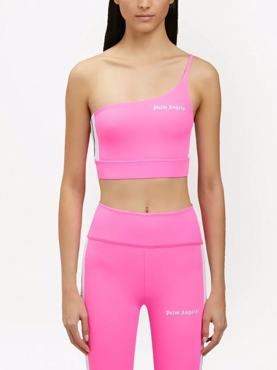 PALM ANGELS Pink White One Shoulder Crop Top - Imagen 8