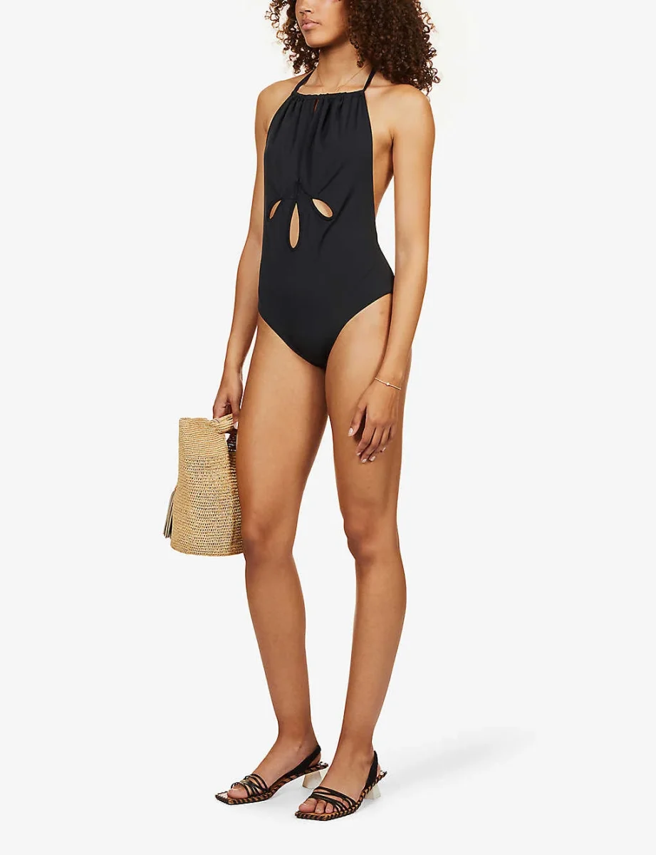 SELF-PORTRAIT Black Cut-Out Halterneck Swimsuit - Imagen 6
