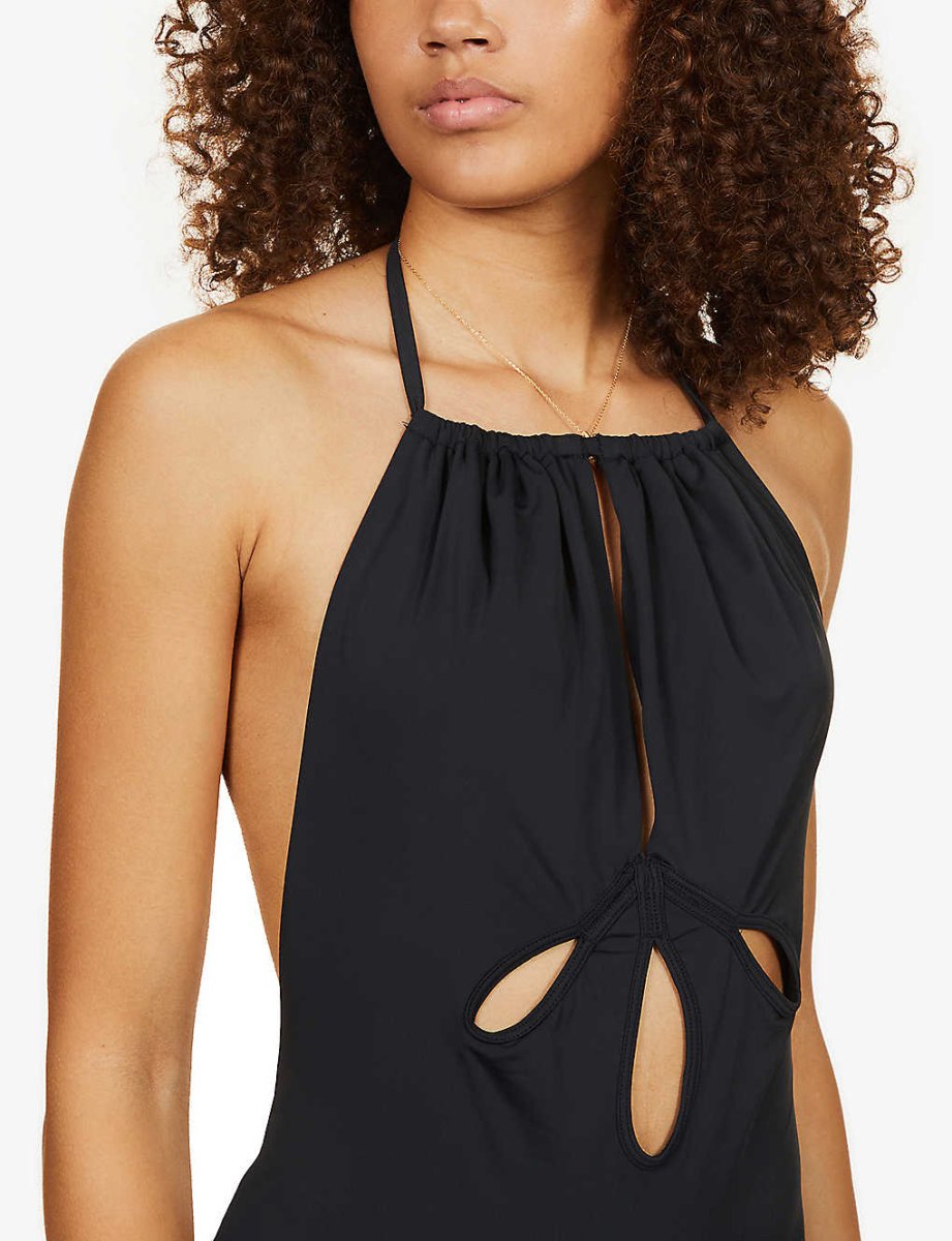 SELF-PORTRAIT Black Cut-Out Halterneck Swimsuit - Imagen 4