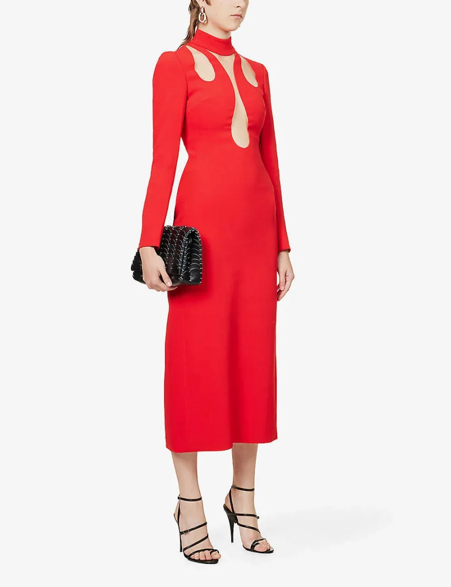 DAVID KOMA Red Cut-out Insert Detail Woven Midi Dress - Imagen 6