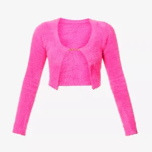 JACQUEMUS La Maille Neve Logo Pin Fluffy Pink Cropped Long Sleeve Top
