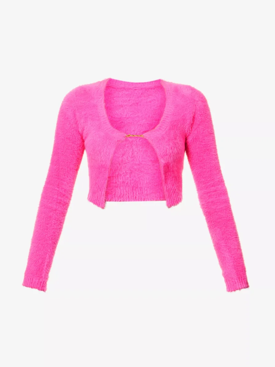 JACQUEMUS La Maille Neve Logo Pin Fluffy Pink Cropped Long Sleeve Top - Imagen 2