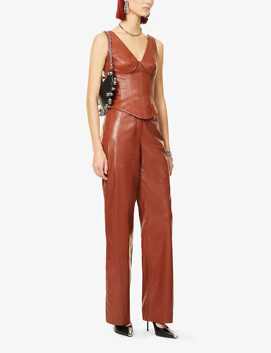 Rozie Corsets V Neck Brown Faux Leather Corset Top - Imagen 3