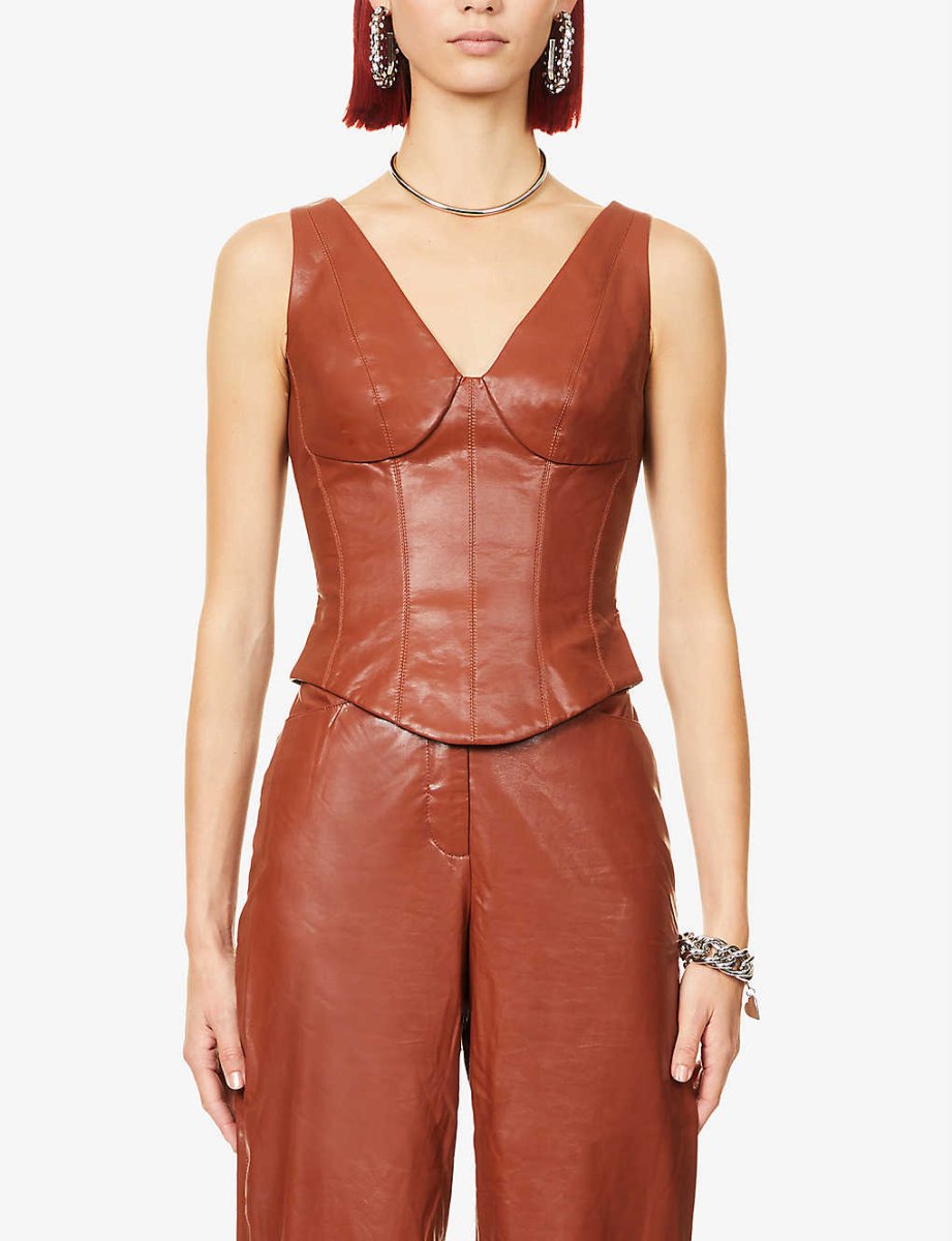 Rozie Corsets V Neck Brown Faux Leather Corset Top - Imagen 4