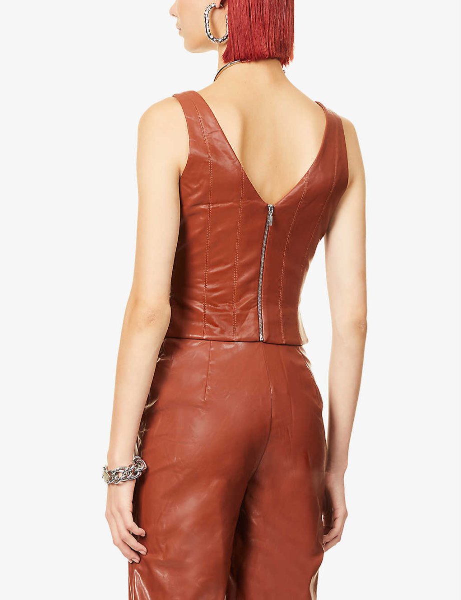 Rozie Corsets V Neck Brown Faux Leather Corset Top - Imagen 6