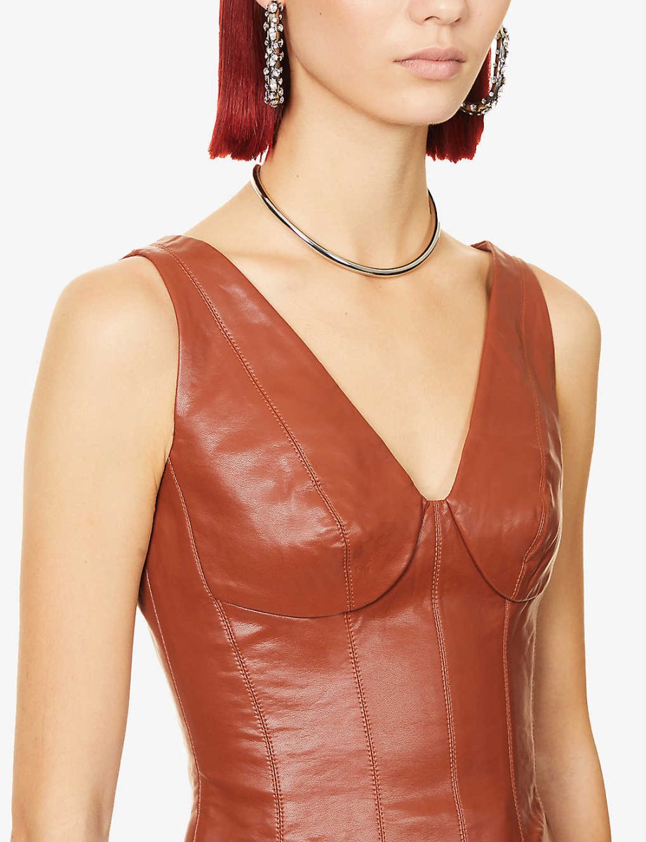 Rozie Corsets V Neck Brown Faux Leather Corset Top - Imagen 5