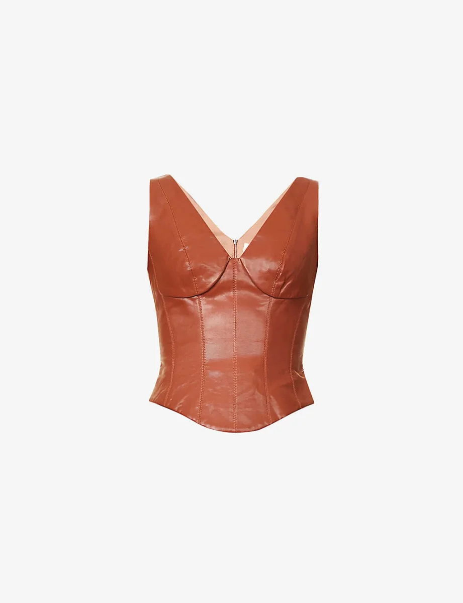 Rozie Corsets V Neck Brown Faux Leather Corset Top - Imagen 2