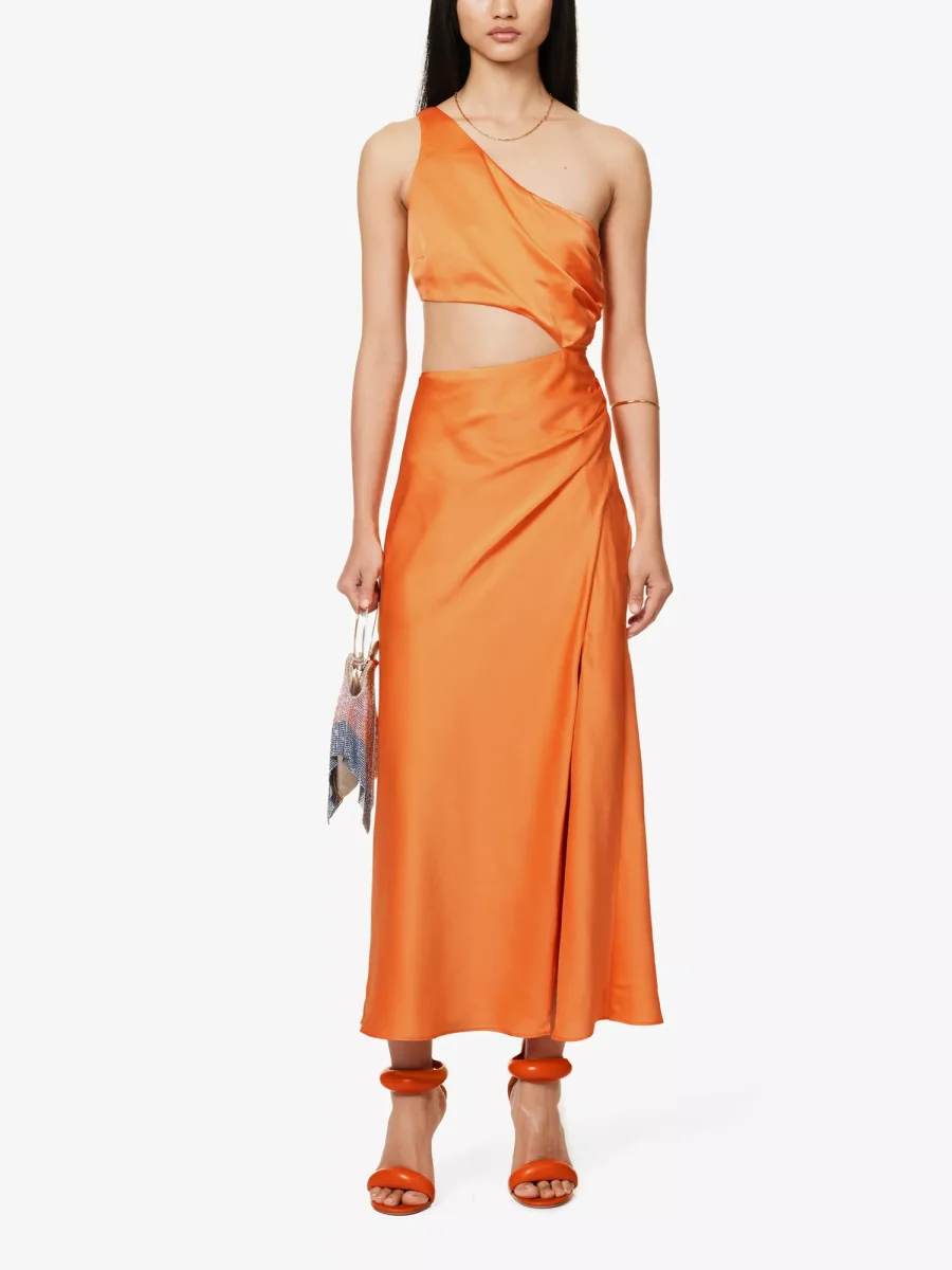 SAN SLOANE Nefeli One-Shoulder Cut-Out Satin Midi Orange Dress - Imagen 3