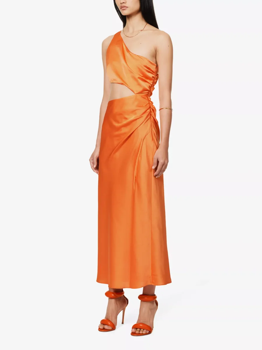 SAN SLOANE Nefeli One-Shoulder Cut-Out Satin Midi Orange Dress - Imagen 5