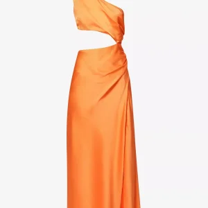 SAN SLOANE Nefeli One-Shoulder Cut-Out Satin Midi Orange Dress