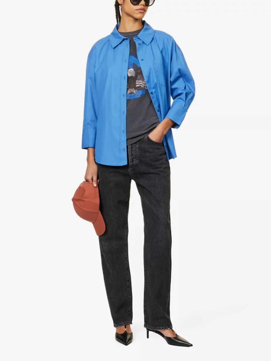 ANINE BING Mika Relaxed-Fit Cotton Button Up Blue Shirt