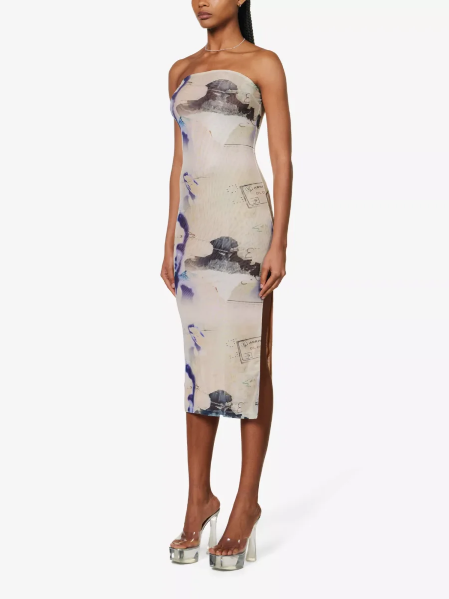 MIAOU Lila Abstract-Print Corsica Slim-Fit Recycled Polyester-Blend Midi Dress - Imagen 4