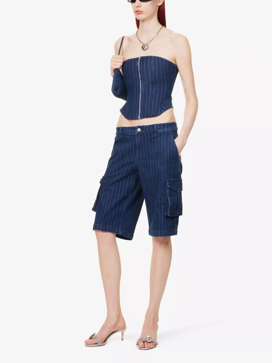 MIAOU Riley Denim Pinstripe Zip Front Strapless Grunge Corset Top - Imagen 6