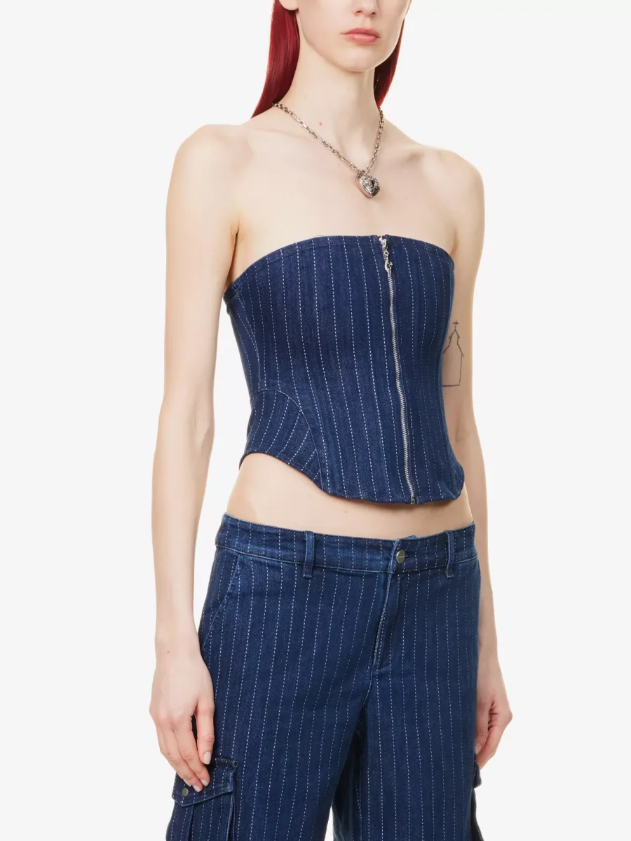 MIAOU Riley Denim Pinstripe Zip Front Strapless Grunge Corset Top - Imagen 3