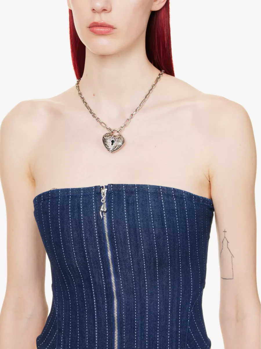 MIAOU Riley Denim Pinstripe Zip Front Strapless Grunge Corset Top - Imagen 4