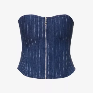 MIAOU Riley Denim Pinstripe Zip Front Strapless Grunge Corset Top