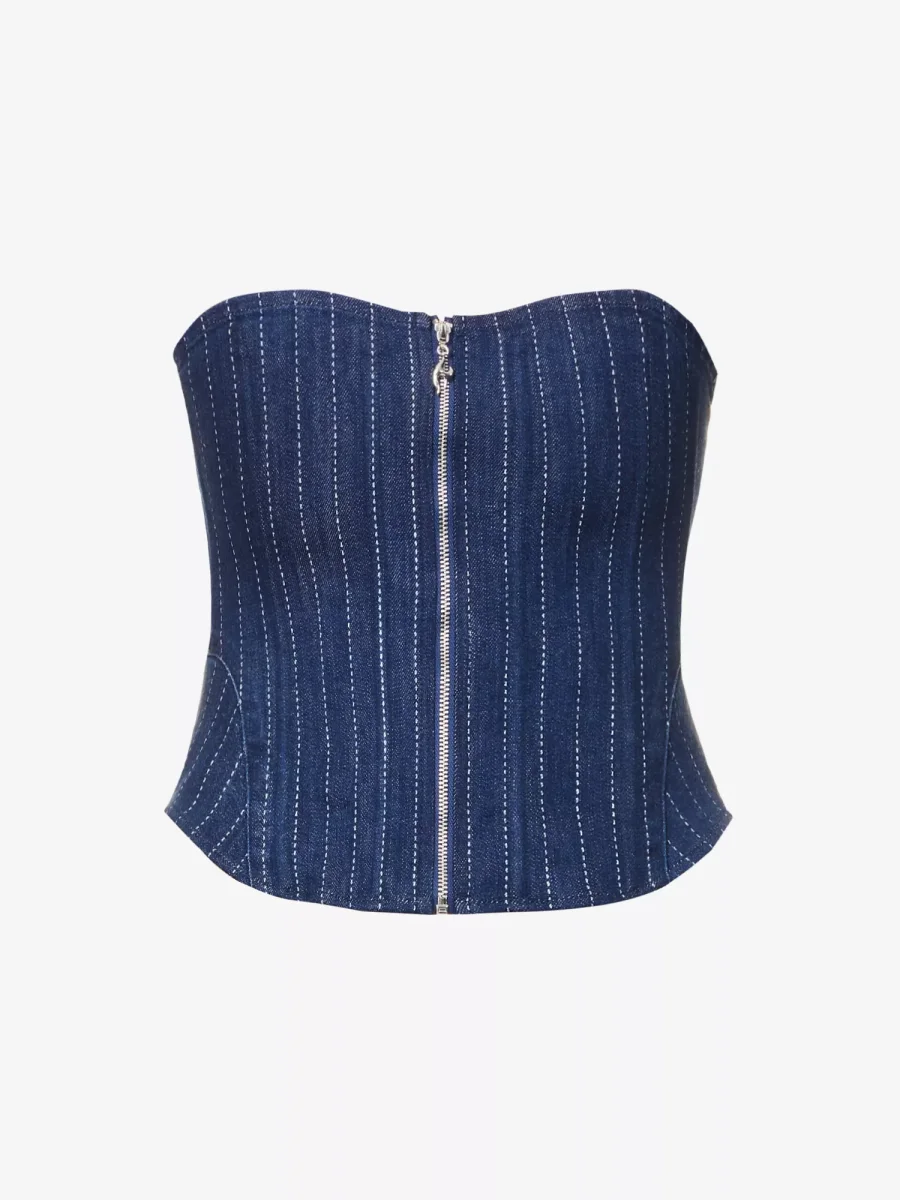 MIAOU Riley Denim Pinstripe Zip Front Strapless Grunge Corset Top
