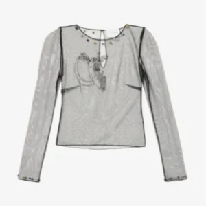 CLIO PEPPIATT Moon Bead-Embellished Black Tulle Mesh Top