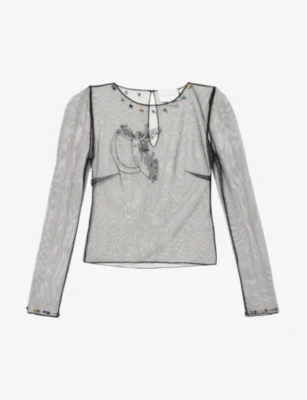 CLIO PEPPIATT Moon Bead-Embellished Black Tulle Mesh Top - Imagen 2