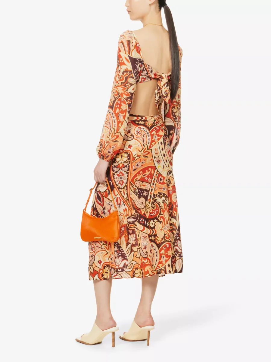 RIXO London Kamilla Paisley Criss Cross Halter Cut Out Midi Georgette Sleeve Dress - Imagen 4