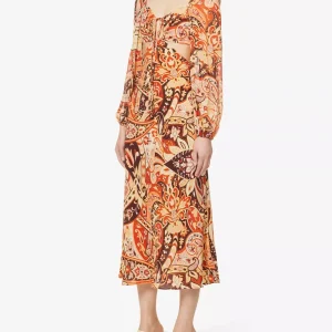 RIXO London Kamilla Paisley Criss Cross Halter Cut Out Midi Georgette Sleeve Dress