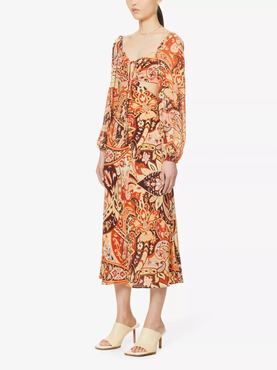 RIXO London Kamilla Paisley Criss Cross Halter Cut Out Midi Georgette Sleeve Dress - Imagen 2