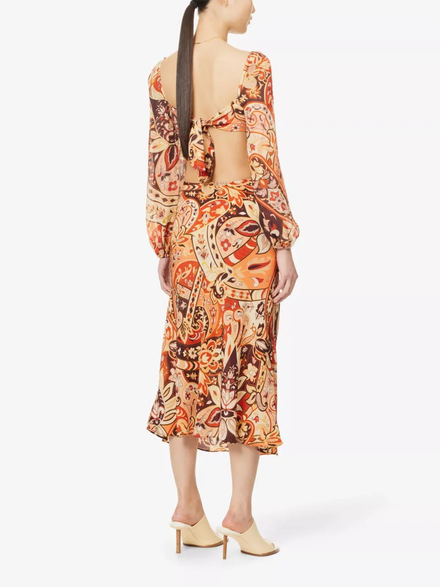 RIXO London Kamilla Paisley Criss Cross Halter Cut Out Midi Georgette Sleeve Dress - Imagen 6