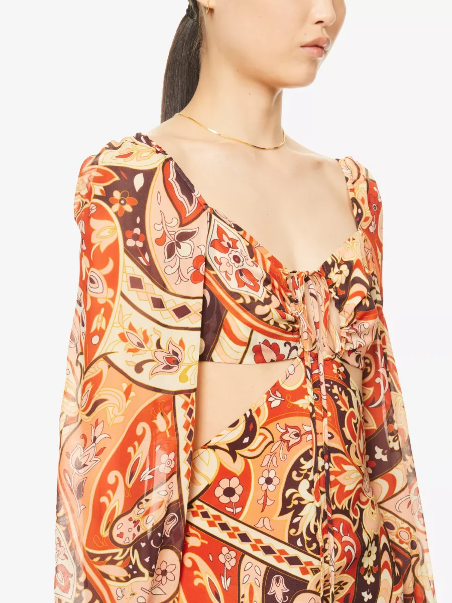 RIXO London Kamilla Paisley Criss Cross Halter Cut Out Midi Georgette Sleeve Dress - Imagen 5