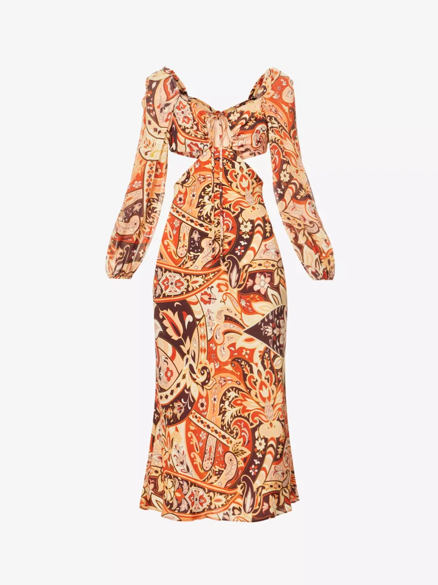 RIXO London Kamilla Paisley Criss Cross Halter Cut Out Midi Georgette Sleeve Dress - Imagen 3