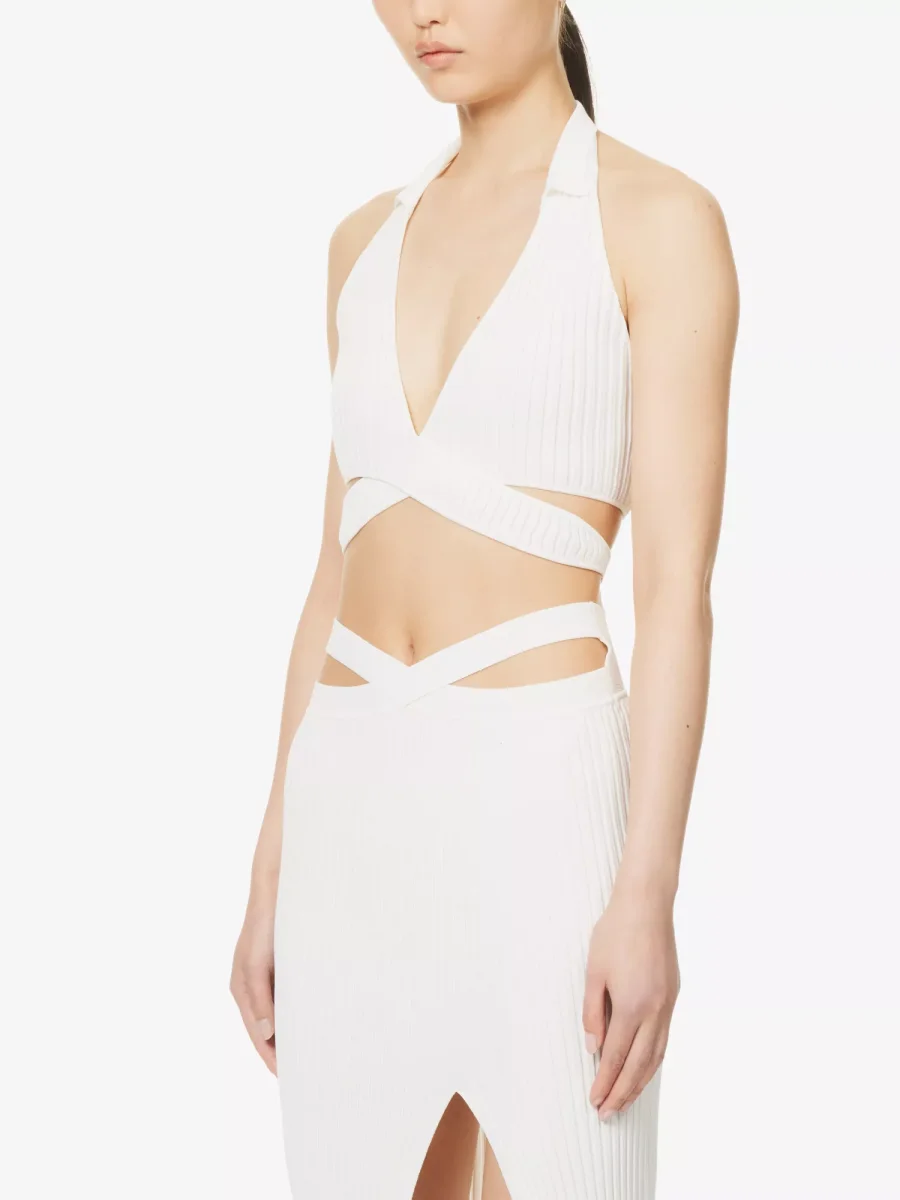 SAN SLOANE Francoise Open-Back Tie-Up Wrap Halter Plunge Neckline Knitted Crop Top - Imagen 3