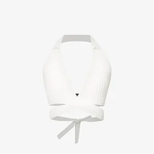SAN SLOANE Francoise Open-Back Tie-Up Wrap Halter Plunge Neckline Knitted Crop Top