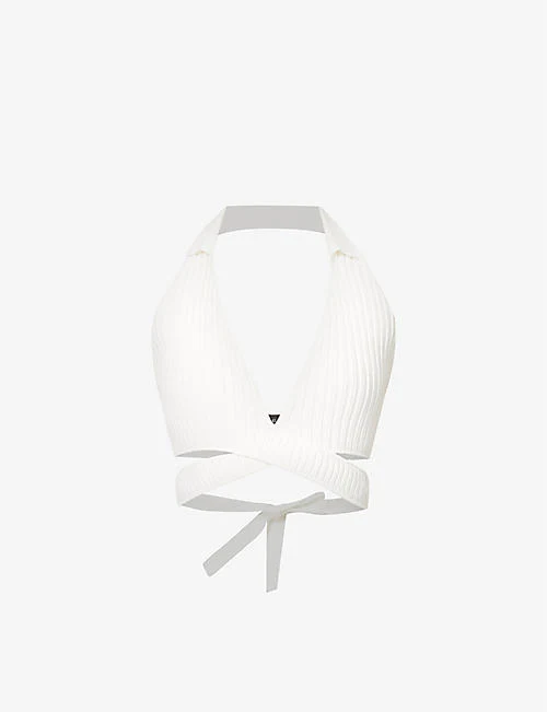 SAN SLOANE Francoise Open-Back Tie-Up Wrap Halter Plunge Neckline Knitted Crop Top