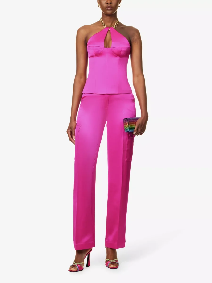 ROZIE CORSETS Flap Pocket Straight-Leg Mid-Rise Stretch-Satin Trousers - Imagen 5
