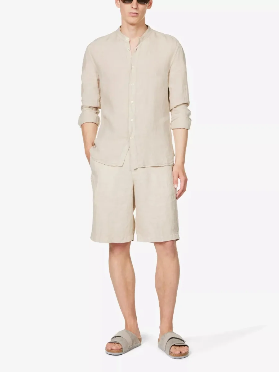 120% LINO Beige Linen Bermuda High Rise Shorts - Imagen 3