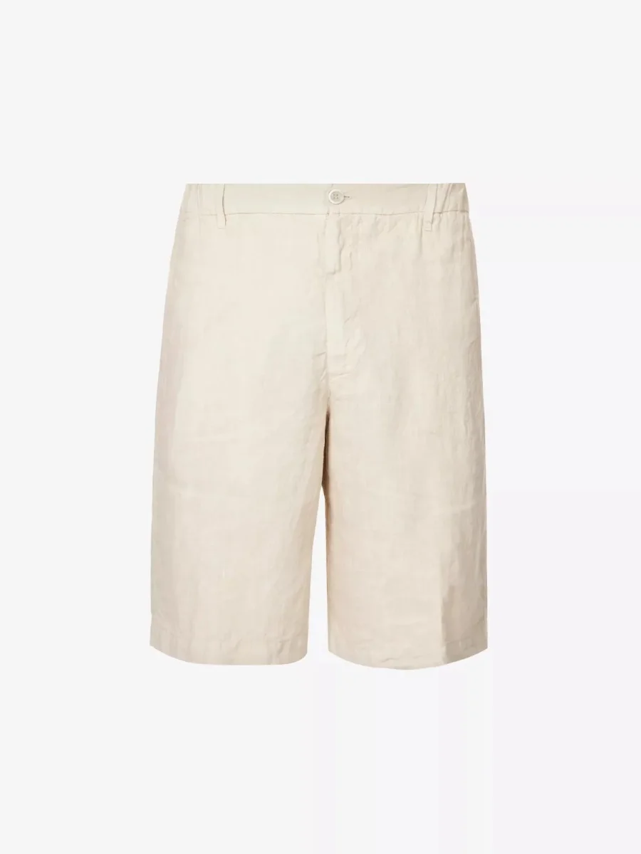 120% LINO Beige Linen Bermuda High Rise Shorts - Imagen 6