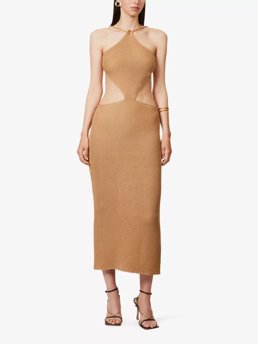 SAVANNAH MORROW Ariel Cut Out Waist Knit Halterneck Almond Midi Dress - Imagen 4